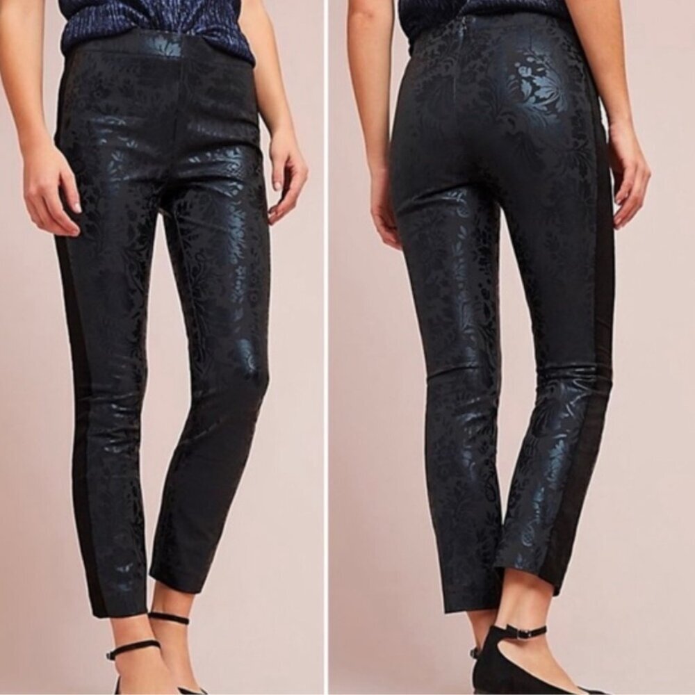Anthropologie Essential Skinny Tuxedo Damask Jacquard Brocade Print Ankle Pants
